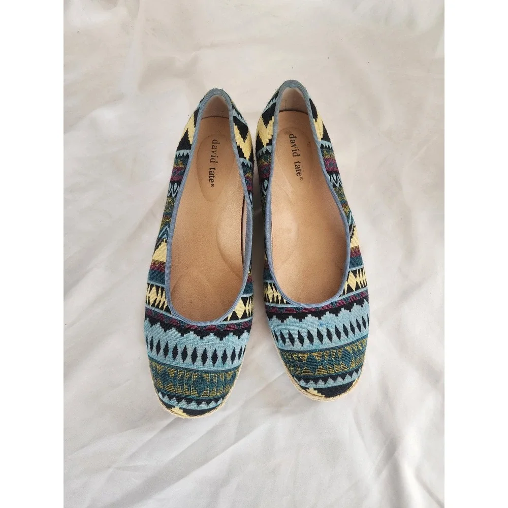 David Tate Women 8M Tribal Print Wedge Espadrilles Geometric Fabric Shoes Boho